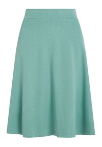 Svetlemodro-zelená rozšířená sukně vyrobená z texturovaného materiálu, s přiléhavým pasem a bočními kapsami pro funkčnost.