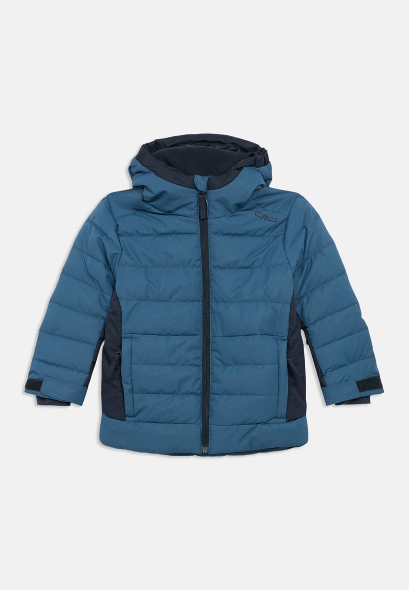 Padded blue jacket with a hood, front zipper, and dark blue side panels. Features Velcro straps on cuffs and a logo on the chest.