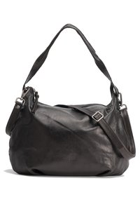 Schwarze Ledertasche mit glatter Textur, abgerundeter Form und einem einzigen Schulterriemen. Verfügt über einen Reißverschluss und einen verstellbaren Umhängegurt.