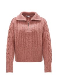 Pull en maille rose avec motifs en torsade, ourlet et poignets côtelés, manches longues, et col à demi-fermeture éclair.