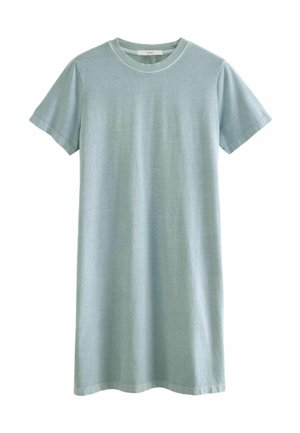 Világoskék, rövid ujjú, puha anyagból készült ruha. Kerek nyakú dizájn, térdig érő, egyenes szabású, minta és díszítés nélkül.