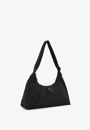 Schwarze Puma-Schultertasche mit breitem verstellbarem Riemen und Reißverschluss, mit kleinem Puma-Logo vorne in der Mitte.