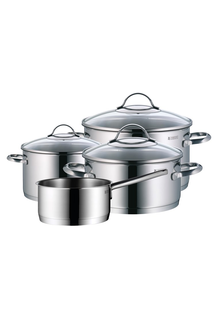 Zestaw naczyń ze stali nierdzewnej zawiera trzy garnki z szklanymi pokrywkami oraz jeden rondel. Gładka, wypolerowana powierzchnia; duże, zaokrąglone uchwyty.
