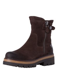 Braune Wildleder-Ankle-Boots mit seitlichem Reißverschluss, dekorativem Riemen und strukturiertem Gummi-Sohle. Mit einem gestuften Absatz und kontrastierenden Nähten.