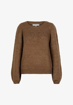 Bruine gebreide trui met lange mouwen en een subtiel verheven bladdessin op de borst, ribgebreide manchetten, zoom en ronde halslijn.