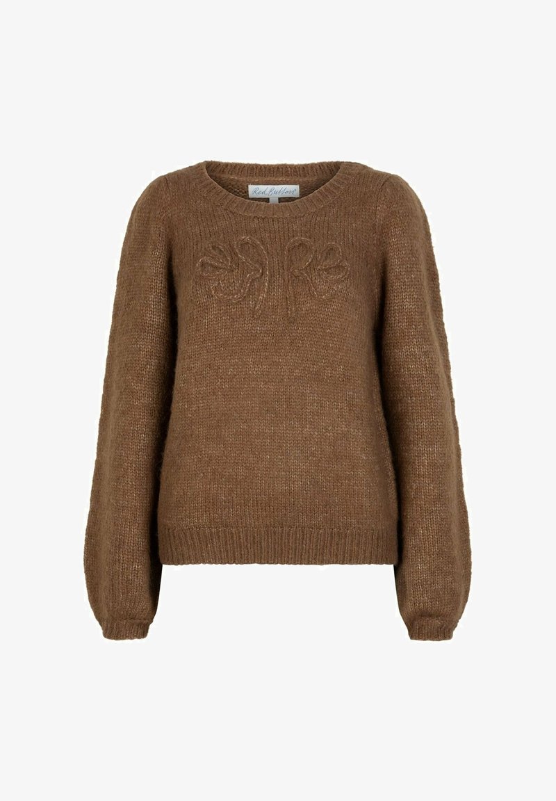 Bruine gebreide trui met lange mouwen en een subtiel verheven bladdessin op de borst, ribgebreide manchetten, zoom en ronde halslijn.