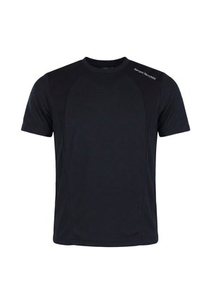 Black short-sleeve athletic t-shirt with crew neck, subtle panel detailing, and "Sergio Tacchini" logo on the right shoulder.
