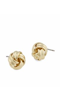 Guldtonade studs med en snodd-knutdesign och en slät, polerad yta samt synlig baksida för säker användning.