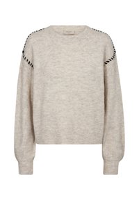 Crème gebreid pullovertrui met een ronde halslijn, lange mouwen, ribgebreide manchetten en zwarte decoratieve stiksels langs de schouders.