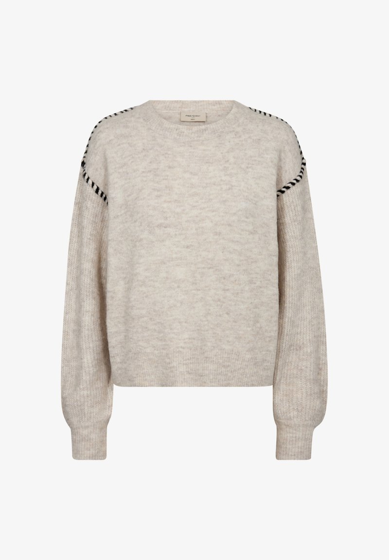 Crème gebreid pullovertrui met een ronde halslijn, lange mouwen, ribgebreide manchetten en zwarte decoratieve stiksels langs de schouders.