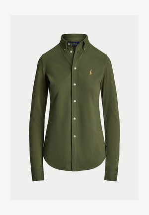 Olive green long-sleeve button-up shirt in soft fabric, featuring a classic collar and an embroidered logo on the left chest.