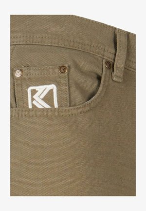 Khaki tkanina s textúrovaným povrchom, s malou kapsičkou a bielou výšivkou loga a bronzovými kovovými doplnkami.