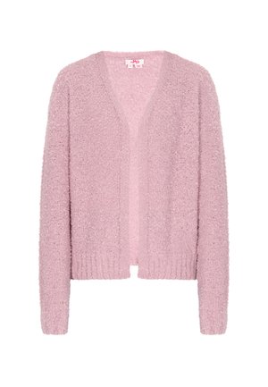 Svetloružový kardigán vyrobený z textúrovanej, nadýchané príze. Má V-výstrih, otvorený predný diel, dlhé rukávy a rebrované lemy a manžety.