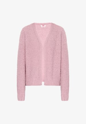 Lyserød cardigan lavet af struktureret, fluffy garn. Har en V-hals, åben front, lange ærmer og ribsøm i kantene.