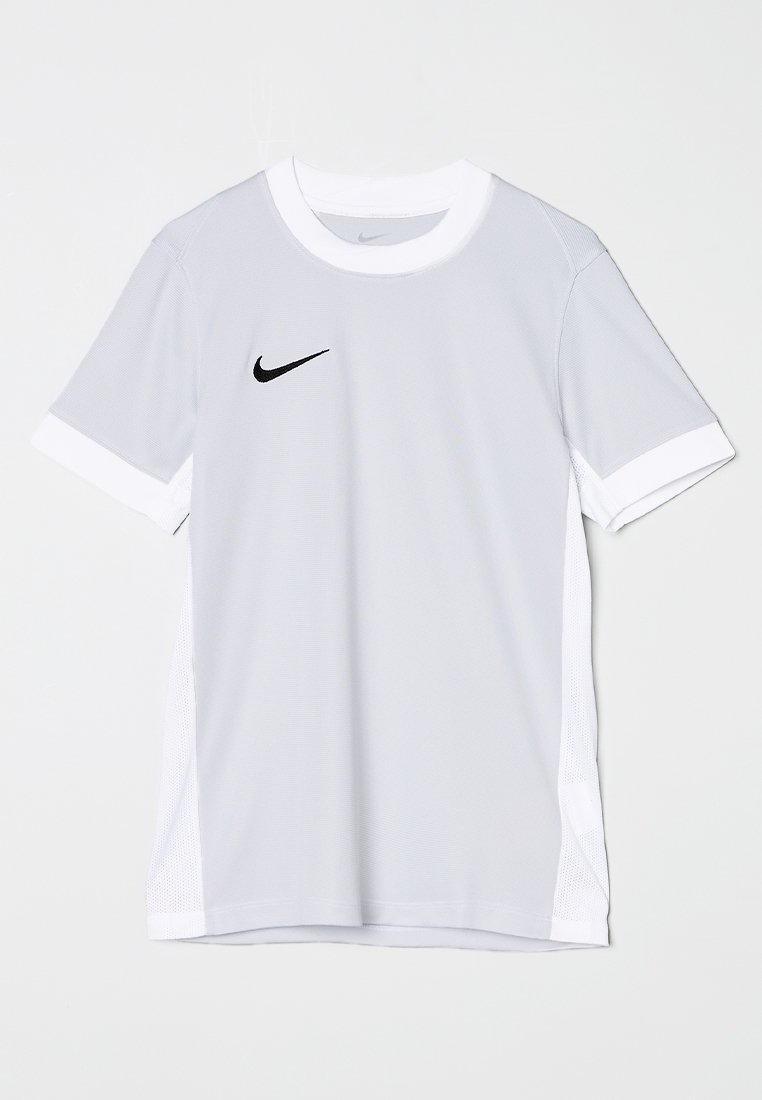 T-shirt de sport gris avec un logo Nike noir sur le devant, des accents blancs sur le col et les manches, fabriqué en tissu léger.