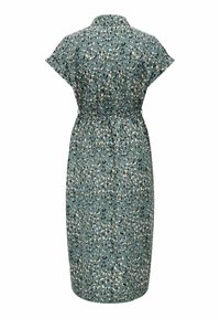 Robe verte à motifs, manches courtes, col et ceinture nouée. Présente un motif léopard en noir, beige et crème.