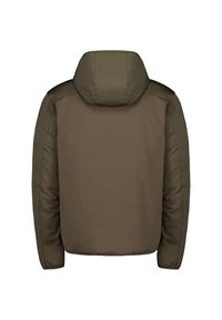 Bruine gewatteerde jas met capuchon, een gladde textuur en een eenvoudig ontwerp zonder zichtbare hardware of accenten. Achteraanzicht zichtbaar.