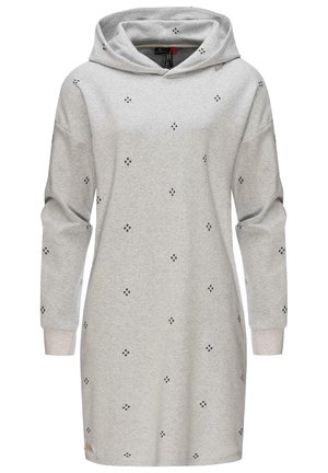 Robe longue à capuche gris clair avec petits motifs épars en grappes de points noirs et poignets côtelés.