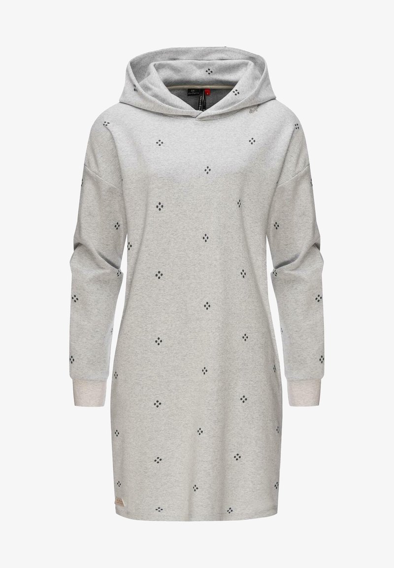 Robe longue à capuche gris clair avec petits motifs épars en grappes de points noirs et poignets côtelés.
