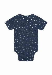 Marinblå kortärmad bodysuit med vitt stjärnmönster. Mjuk bomullstyg, rund hals och tryckknappsstängning i nederkant för enkel påklädning.