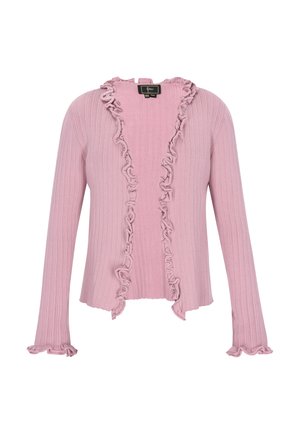 Cardigan en tricot rose avec un bord volé le long de l'encolure et des poignets. Manches longues avec une coupe ajustée. Texture douce.