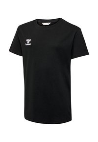 Camiseta de manga corta negra hecha de algodón, con cuello redondo y un pequeño logo blanco en el lado izquierdo. Textura suave.