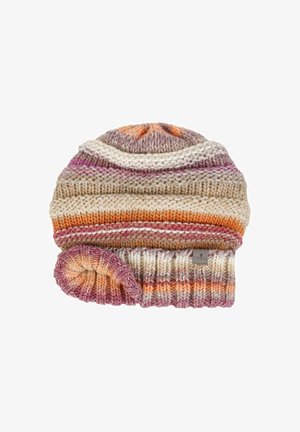 Knit beanie with multicolored stripes in pink, orange, and cream. Features a folded cuff and soft, textured wool material.