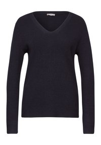 Navyblauer V-Ausschnitt-Pullover mit langen Ärmeln, gerippter Textur und lässiger Passform. Hergestellt aus weichem Strickstoff, ideal zum Schichten.