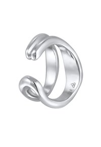Anillo de plata con un acabado suave y pulido, con un diseño de doble lazo. Forma ligeramente curvada, abierto en la parte posterior y de apariencia robusta.
