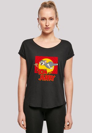 Black, short-sleeve t-shirt featuring a graphic print of Tom and Jerry against a red and yellow background. Lightweight fabric with a relaxed fit.