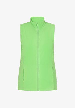 Zöld polármellény magas gallérral, elülső cipzárral és oldalzsebekkel. Simább textúrával és ujjatlan kialakítással rendelkezik, amely alkalmas rétegezésre.