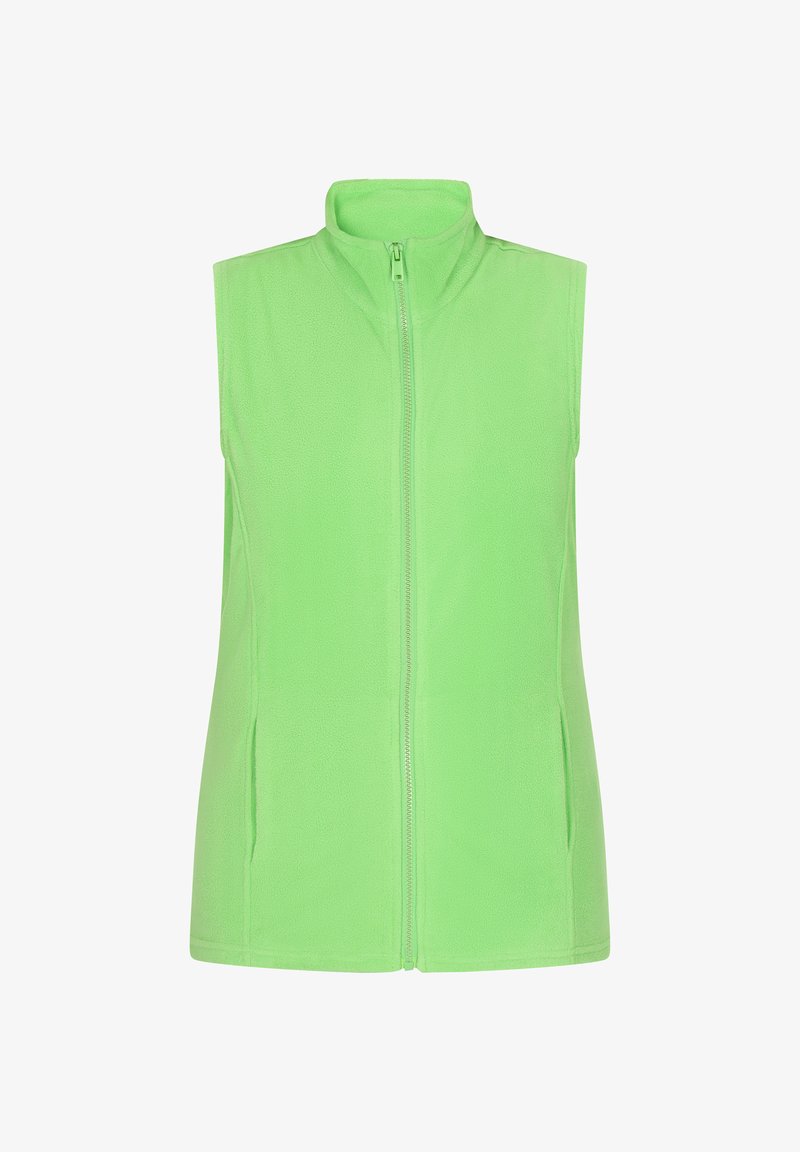 Zöld polármellény magas gallérral, elülső cipzárral és oldalzsebekkel. Simább textúrával és ujjatlan kialakítással rendelkezik, amely alkalmas rétegezésre.