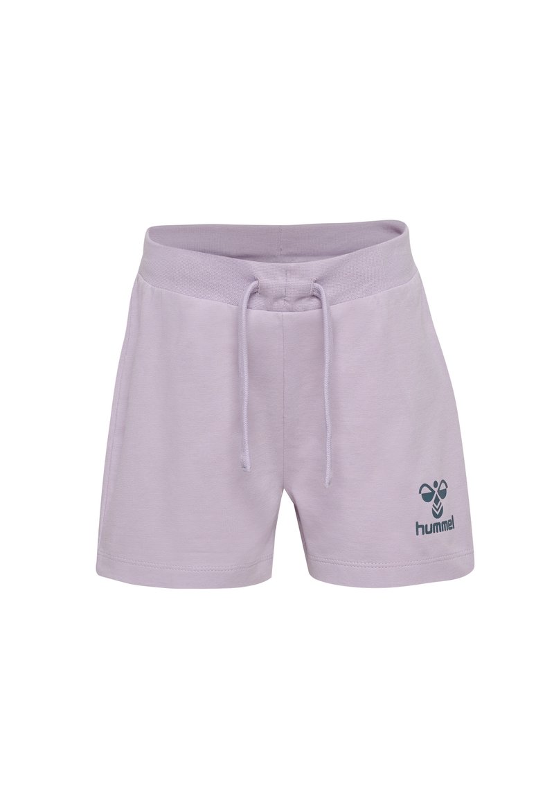 Lila shorts met een drawstring taille, gemaakt van zachte stof, met het Hummel-logo in donkerblauw op de onderlinkerkant.