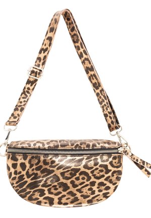 Leopard print crossbody bag with adjustable strap, silver zipper, and detachable wristlet on white background.