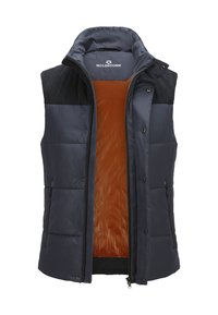 Marineblauer Steppwesten mit hohem Kragen und Reißverschluss. Strickakzente an den Schultern und orange Futter. Zwei seitliche Taschen mit Reißverschluss.