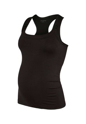 Débardeur de maternité noir avec dos nageur et clips réglables sur les bretelles, conçu pour le confort et le maintien.