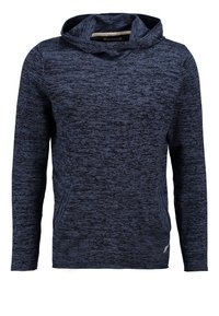 Mörkblå hoodie i strukturvävd tyg, med en framficka, justerbar dragsko och en avslappnad passform.