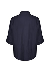 Navy blue, loose-fitting shirt with a collared neckline, three-quarter roll-up sleeves, and a smooth texture. Back view displayed.