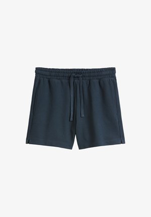 Navy blue shorts made of soft fabric, featuring an elastic waistband, drawstring, and side pockets. Casual style with a straight cut.