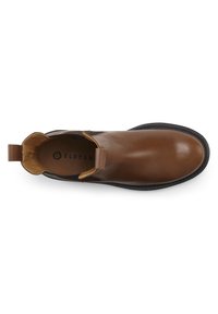 Brown leather ankle boot with elastic side panels, a rounded toe, and a black rubber sole. Includes a pull tab for easy wear.