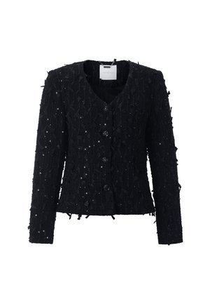 Chaqueta negra texturizada con escote en v, mangas largas, cierres de botón y detalles de tejido en capas con lentejuelas para un toque adicional.