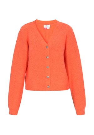 Kurze orangefarbene Strickjacke mit V-Ausschnitt, gerippter Textur, langen Ärmeln und sechs silbernen Knöpfen vorne. Verfügt über schräg gestrickte Details.