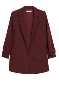 Veste marron foncé à un bouton avec revers crantés, manches longues et deux poches avant à rabat, présentée sur fond blanc.