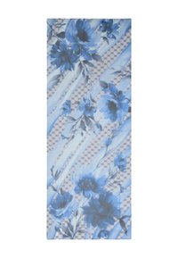 Tessuto a fantasia floreale blu con strisce e accenti geometrici; presenta grandi fiori in diverse tonalità di blu su uno sfondo chiaro.