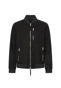 Svart mockabomberjacka med ribbade manschetter och nederkant, med en framdragkedja, tre fickor med dragkedja och en minimalistisk design.