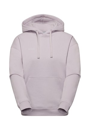 Lyse lilla hættetrøje med forlomme, snøre i hætten og diskret "Mammut"-logo på brystet.