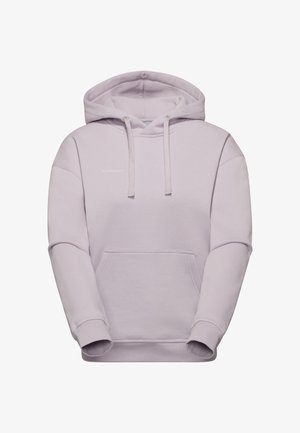 Lyse lilla hættetrøje med forlomme, snøre i hætten og diskret "Mammut"-logo på brystet.