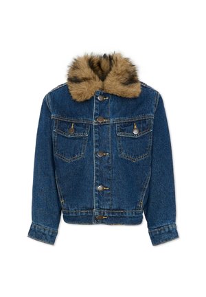 Giacca di jeans blu con colletto in pelliccia sintetica marrone, chiusura con bottoni metallici, due tasche anteriori sul petto con bottoni e maniche lunghe.