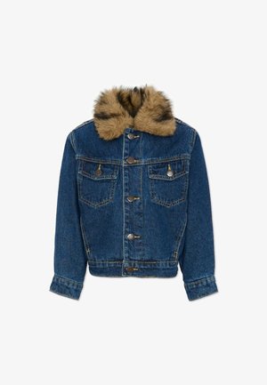 Giacca di jeans blu con colletto in pelliccia sintetica marrone, chiusura con bottoni metallici, due tasche anteriori sul petto con bottoni e maniche lunghe.