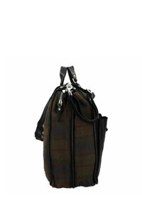 Zwarte leren tas met een bruin geruite geweven stof, voorzien van ritsen, dubbele handvatten bovenaan en een afneembare schouderriem. Inclusief zijvak.
